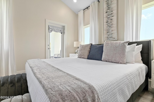 bedroom with lofted ceiling and multiple windows