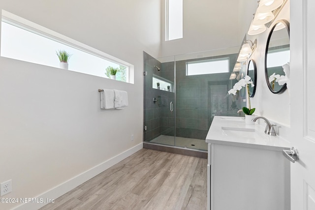 bathroom with wood-type flooring, vanity, and a shower with shower door