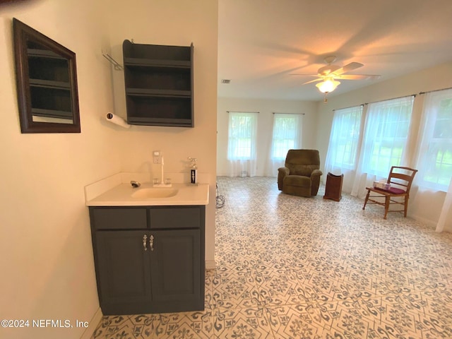 interior space with ceiling fan, sink, and a wealth of natural light