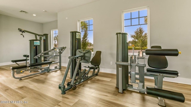 workout area with light hardwood / wood-style flooring