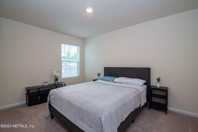 bedroom with carpet and a textured ceiling