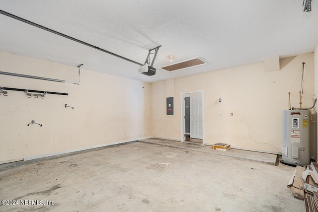 garage with water heater, a garage door opener, and electric panel