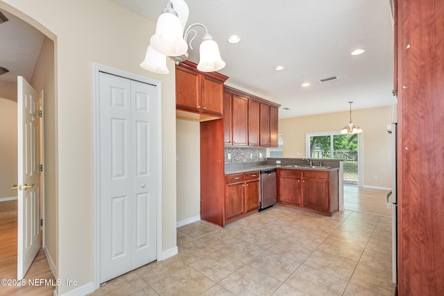 kitchen with a sink, a chandelier, backsplash, a peninsula, and dishwasher