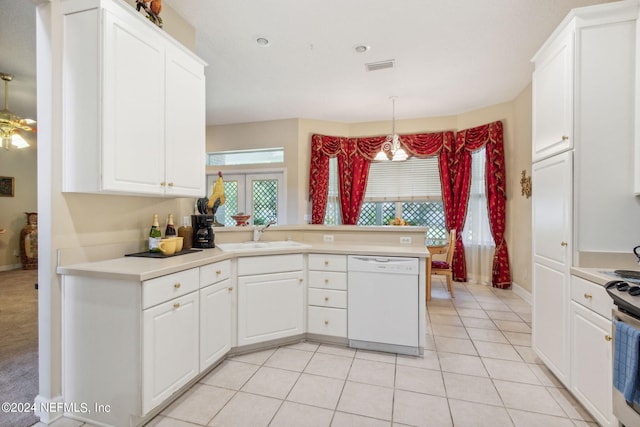 kitchen featuring white cabinetry, white dishwasher, kitchen peninsula, and sink