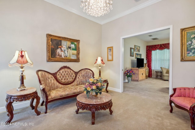 carpeted living room with a notable chandelier and crown molding