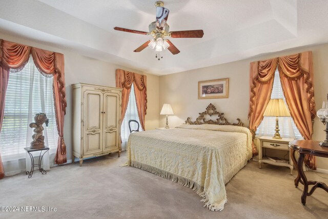 bedroom featuring a raised ceiling, light colored carpet, and ceiling fan