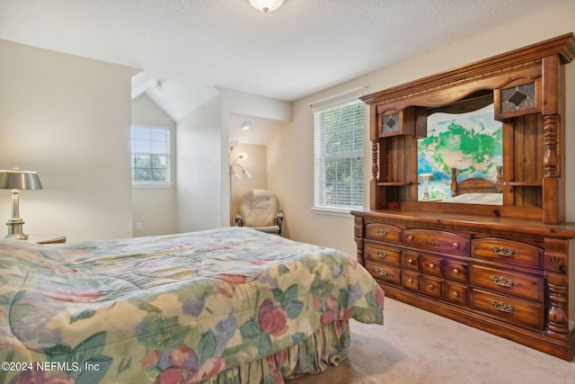 carpeted bedroom featuring multiple windows and a textured ceiling