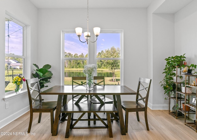 dining space featuring a notable chandelier, a healthy amount of sunlight, and light wood-type flooring