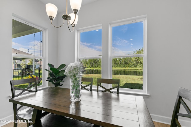 dining space with an inviting chandelier, hardwood / wood-style flooring, and plenty of natural light