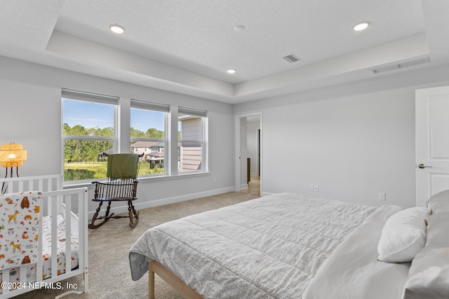 carpeted bedroom featuring a textured ceiling and a tray ceiling