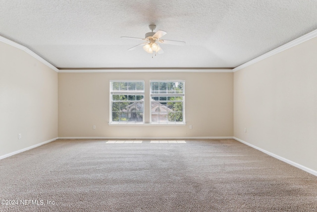 unfurnished room with a textured ceiling, ceiling fan, ornamental molding, and carpet