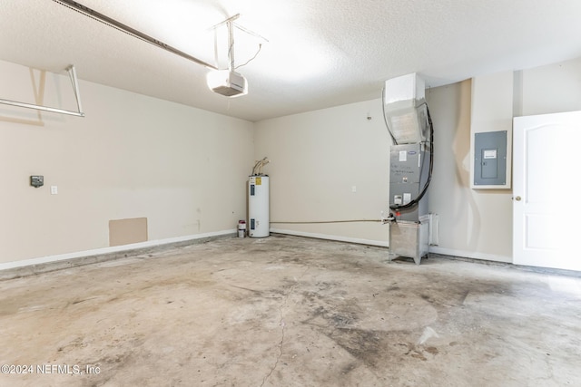 garage with a garage door opener, electric water heater, heating unit, and electric panel