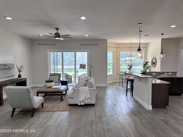 95014 Brookhill Pl, Fernandina Beach, FL 32034 - living area featuring wood finished floors, a textured ceiling, a ceiling fan, recessed lighting, and a chandelier