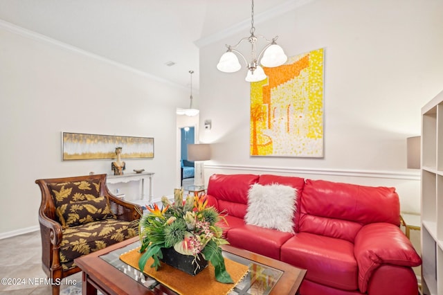 living room with an inviting chandelier and ornamental molding