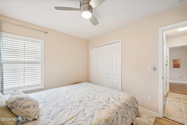 bedroom with ceiling fan, a closet, and light hardwood / wood-style flooring