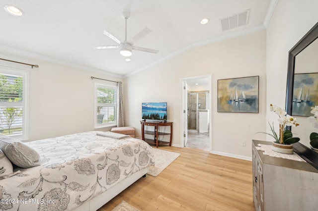 bedroom with ensuite bathroom, crown molding, ceiling fan, and light hardwood / wood-style floors