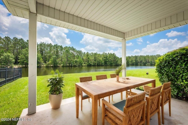 view of patio / terrace featuring a water view