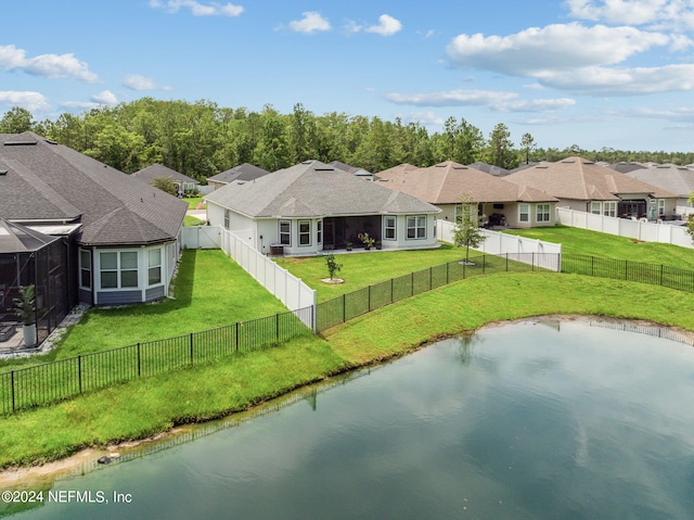 drone / aerial view featuring a water view