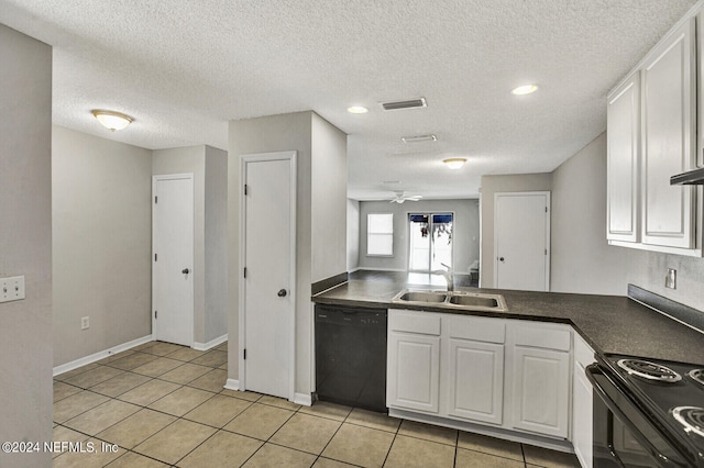 kitchen with white cabinetry, sink, ceiling fan, light tile patterned floors, and black appliances