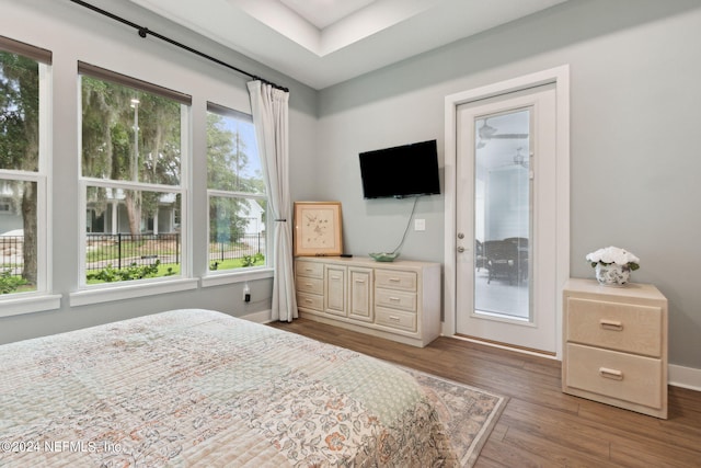 bedroom featuring access to exterior, multiple windows, baseboards, and wood finished floors