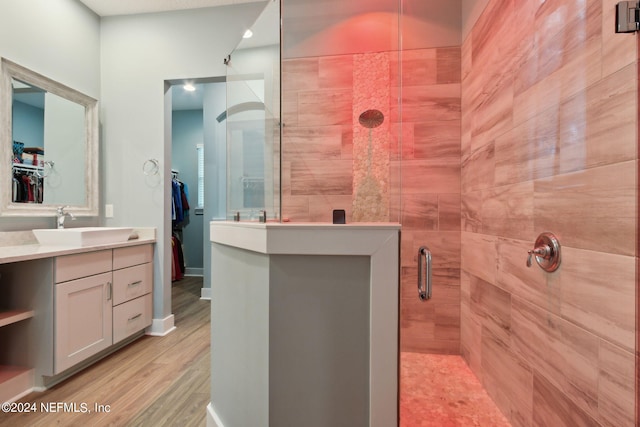 bathroom featuring a shower stall, a walk in closet, wood finished floors, and vanity