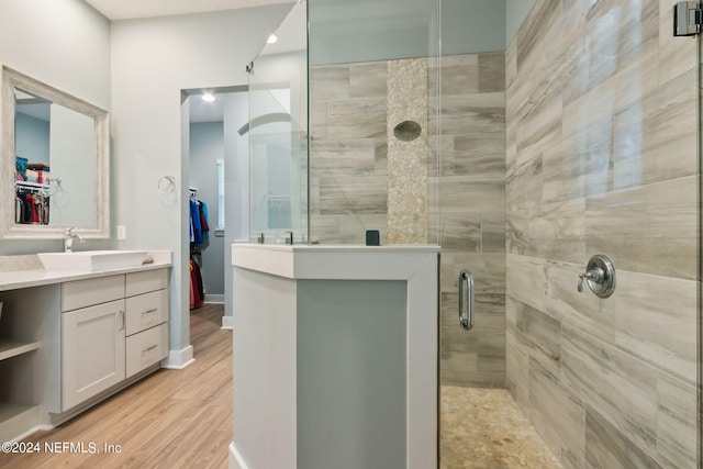 bathroom featuring baseboards, wood finished floors, a spacious closet, vanity, and a shower stall