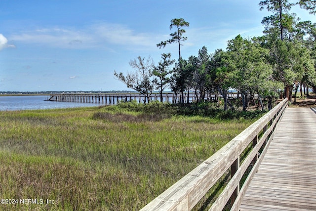 view of dock with a water view