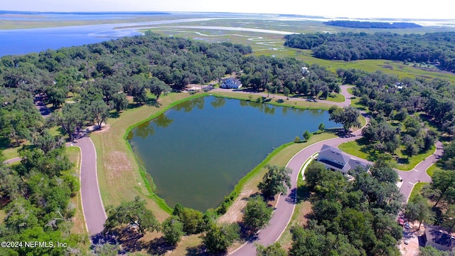 birds eye view of property with a water view and a view of trees