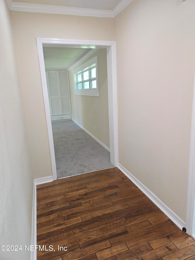 corridor featuring ornamental molding and dark hardwood / wood-style flooring