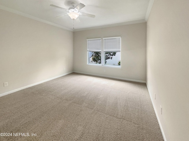 carpeted spare room with ceiling fan and ornamental molding