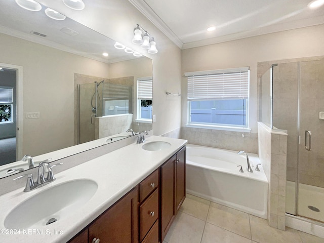 bathroom featuring tile patterned flooring, vanity, crown molding, and independent shower and bath