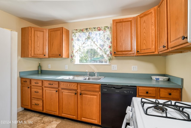 kitchen with black dishwasher, white refrigerator, stove, and sink