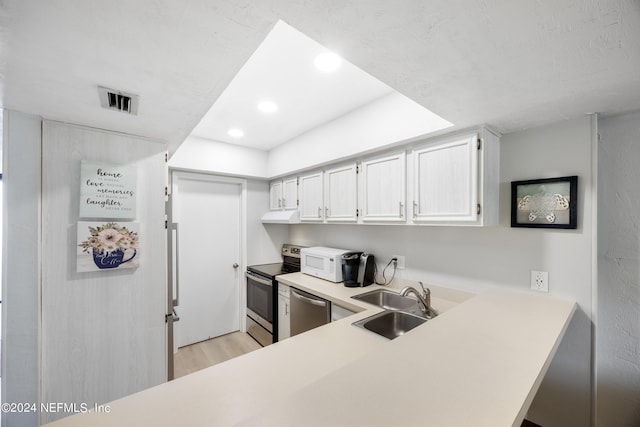 kitchen featuring white cabinets, sink, light wood-type flooring, kitchen peninsula, and stainless steel appliances