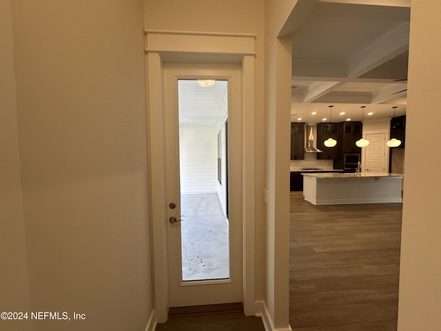 doorway featuring beam ceiling, dark wood-type flooring, and coffered ceiling