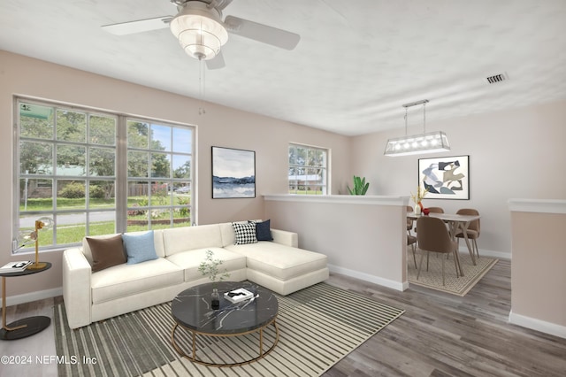 living room with ceiling fan and wood-type flooring