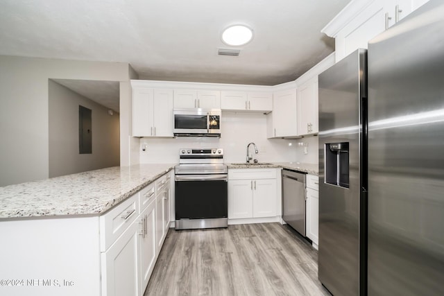 kitchen with sink, white cabinetry, stainless steel appliances, light stone countertops, and kitchen peninsula