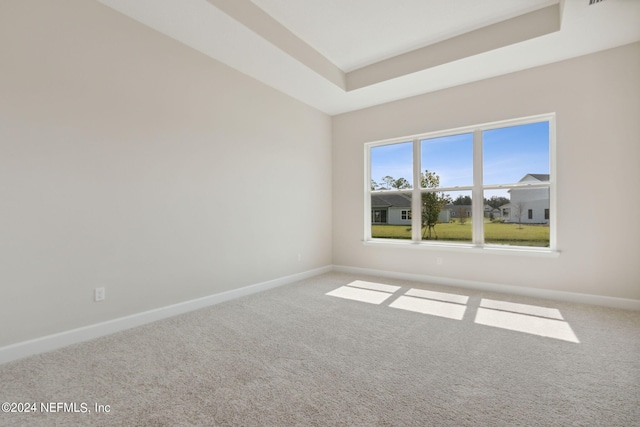 carpeted empty room with a raised ceiling