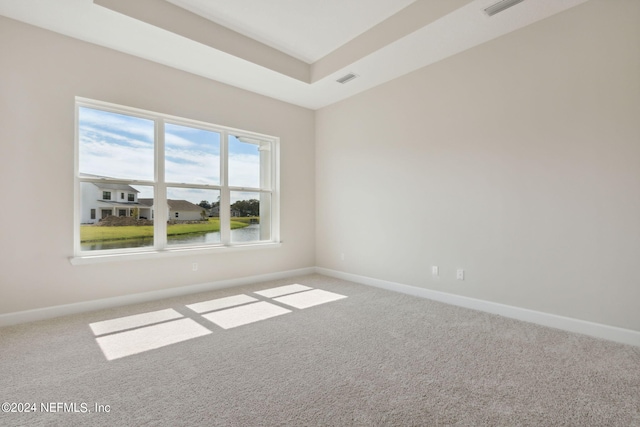 carpeted spare room with a raised ceiling