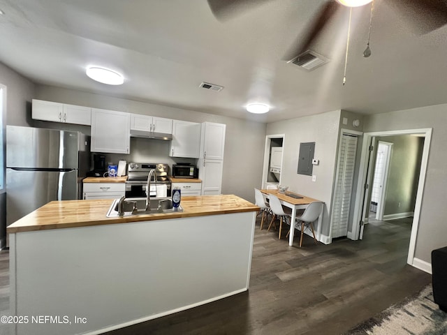 7815 Jasper Ave, Jacksonville, FL 32211 - kitchen featuring stainless steel appliances, white cabinets, butcher block counters, and baseboards