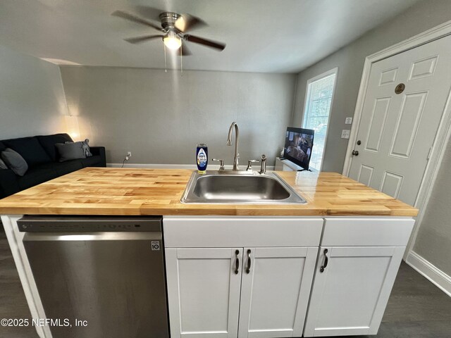 7815 Jasper Ave, Jacksonville, FL 32211 - kitchen with butcher block countertops, a sink, dishwasher, and ceiling fan