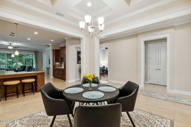 dining space featuring beamed ceiling, ornamental molding, light tile patterned floors, and coffered ceiling