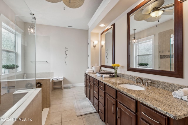 bathroom with tile patterned flooring, vanity, an inviting chandelier, and plus walk in shower