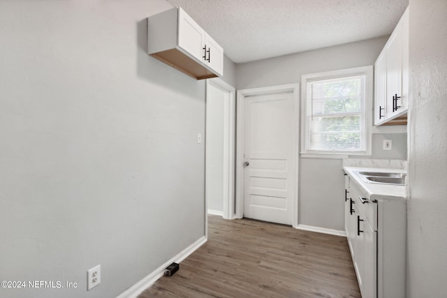 laundry area with sink, a textured ceiling, and light wood-type flooring