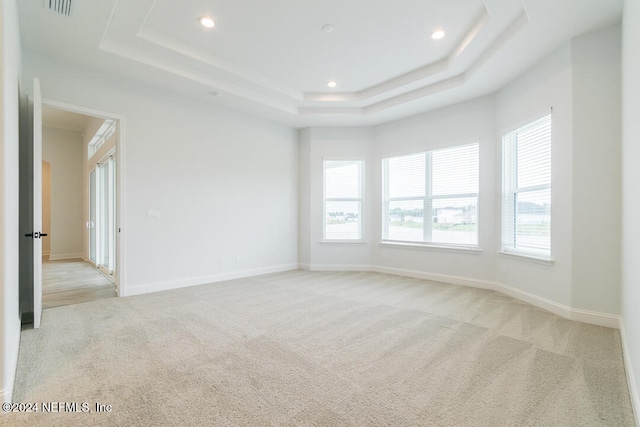 carpeted empty room with a raised ceiling