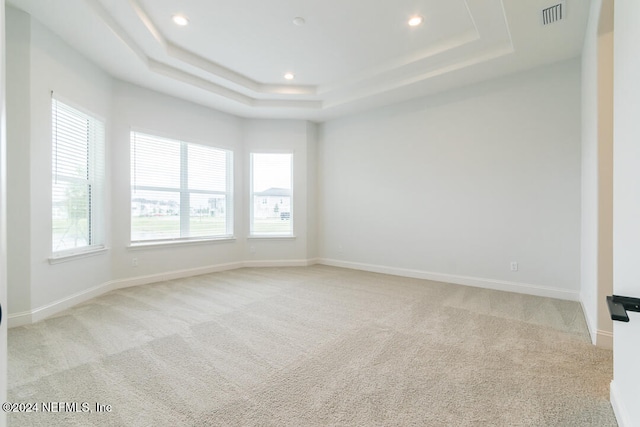 carpeted spare room with a raised ceiling