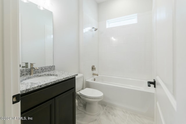 full bathroom with tiled shower / bath combo, toilet, and vanity