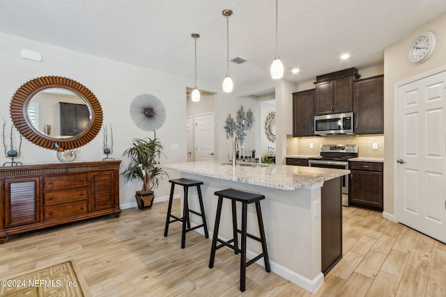 kitchen featuring stainless steel appliances, light wood-type flooring, sink, a kitchen bar, and backsplash