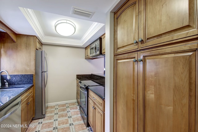 kitchen featuring a raised ceiling, appliances with stainless steel finishes, dark stone countertops, and sink