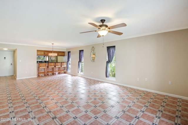 unfurnished living room featuring light tile patterned floors and ceiling fan