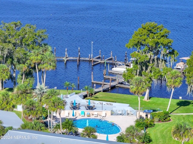 drone / aerial view featuring a water view